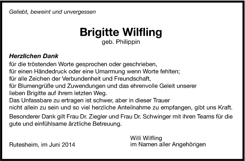  Traueranzeige für Brigitte Wilfling vom 03.06.2014 aus Leonberger Kreiszeitung / Strohgäu Extra