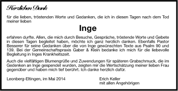 Traueranzeige von Inge  von Leonberger Kreiszeitung / Strohgäu Extra