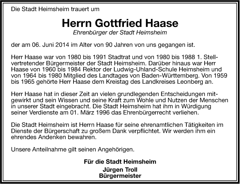  Traueranzeige für Gottfried Haase vom 11.06.2014 aus Leonberger Kreiszeitung / Strohgäu Extra