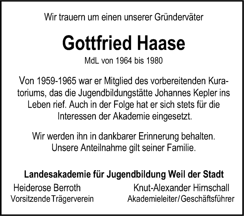  Traueranzeige für Gottfried Haase vom 11.06.2014 aus Leonberger Kreiszeitung / Strohgäu Extra