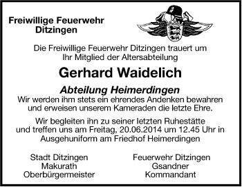 Traueranzeige von Gerhard Waidelich von Leonberger Kreiszeitung / Strohgäu Extra