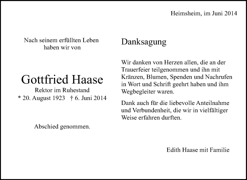  Traueranzeige für Gottfried Haase vom 17.06.2014 aus Leonberger Kreiszeitung / Strohgäu Extra