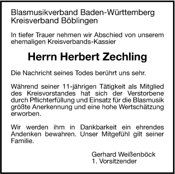 Traueranzeige von Herbert Zechling von Leonberger Kreiszeitung / Strohgäu Extra
