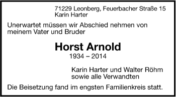 Traueranzeige von Horst Arnold von Leonberger Kreiszeitung / Strohgäu Extra