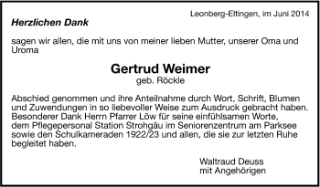 Traueranzeige von Gertrud Weimer von Leonberger Kreiszeitung / Strohgäu Extra