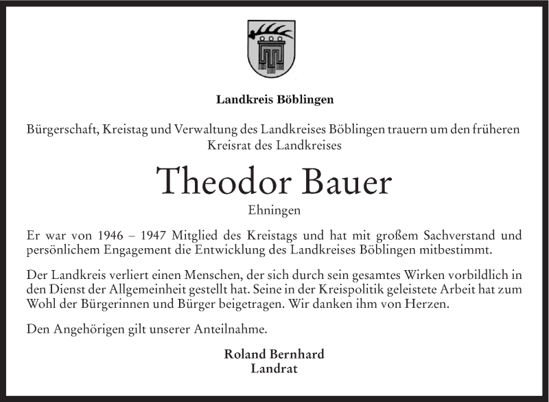  Traueranzeige für Theodor Bauer vom 01.07.2014 aus Leonberger Kreiszeitung / Strohgäu Extra