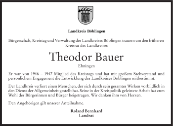 Traueranzeige von Theodor Bauer von Leonberger Kreiszeitung / Strohgäu Extra