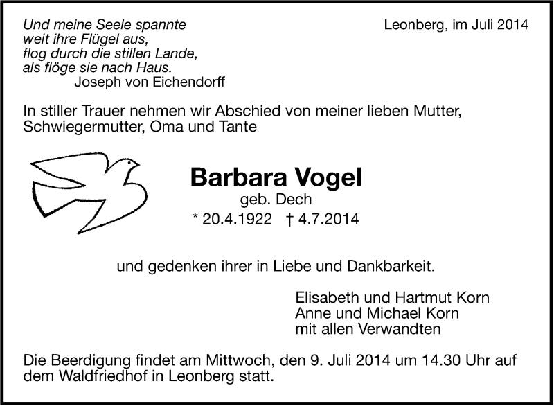  Traueranzeige für Barbara Vogel vom 05.07.2014 aus Leonberger Kreiszeitung / Strohgäu Extra