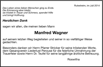 Traueranzeige von Manfred Wagner von Leonberger Kreiszeitung / Strohgäu Extra