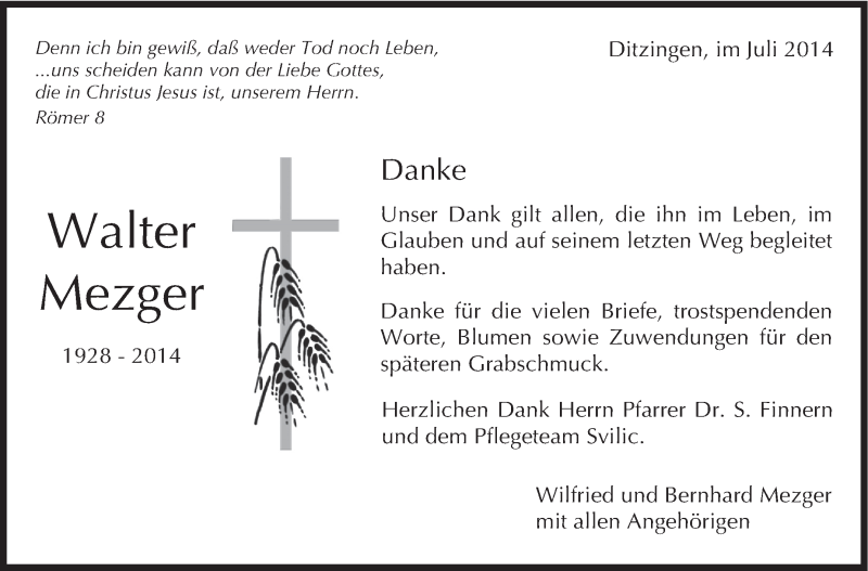  Traueranzeige für Walter  Mezger vom 12.07.2014 aus Leonberger Kreiszeitung / Strohgäu Extra