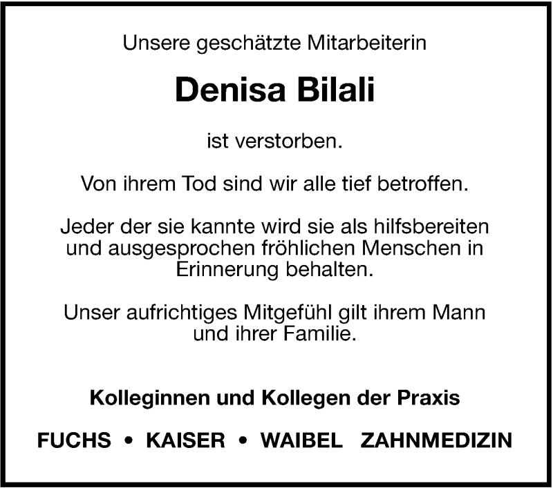  Traueranzeige für Denisa Bilali vom 26.07.2014 aus Leonberger Kreiszeitung / Strohgäu Extra