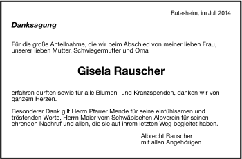 Traueranzeige von Gisela Rauscher von Leonberger Kreiszeitung / Strohgäu Extra