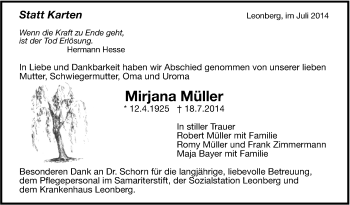 Traueranzeige von Mirjana Müller von Leonberger Kreiszeitung / Strohgäu Extra
