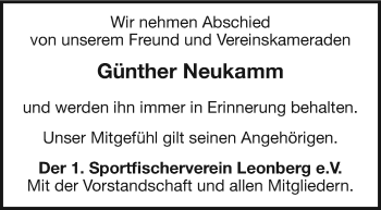 Traueranzeige von Günther  Neukamm von Leonberger Kreiszeitung / Strohgäu Extra