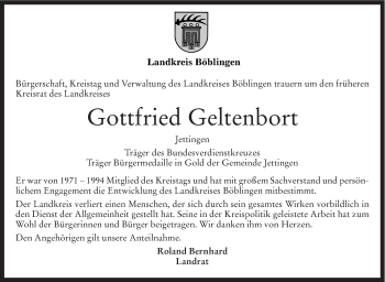 Traueranzeige von Gottfried Geltenbort von Leonberger Kreiszeitung / Strohgäu Extra