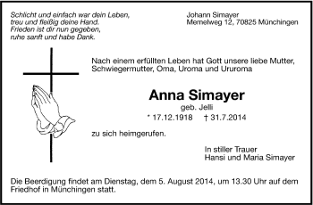 Traueranzeige von Anna Simayer von Leonberger Kreiszeitung / Strohgäu Extra