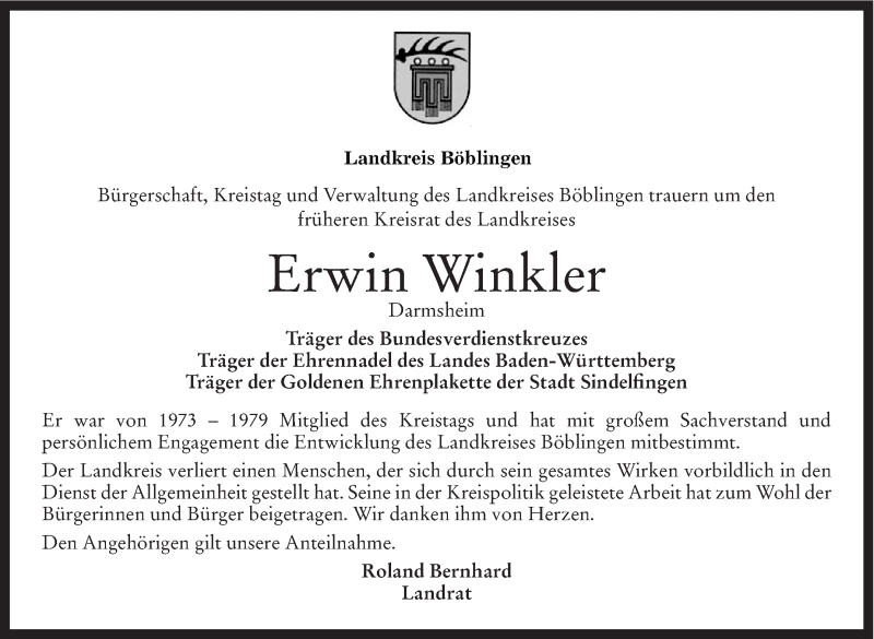  Traueranzeige für Erwin Winkler vom 05.08.2014 aus Leonberger Kreiszeitung / Strohgäu Extra