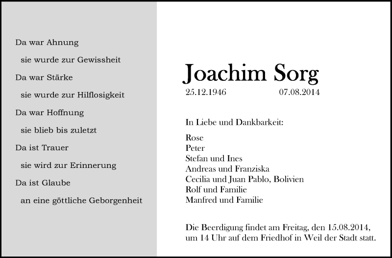  Traueranzeige für Joachim Sorg vom 13.08.2014 aus Leonberger Kreiszeitung / Strohgäu Extra
