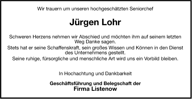  Traueranzeige für Jürgen Lohr vom 19.08.2014 aus Leonberger Kreiszeitung / Strohgäu Extra