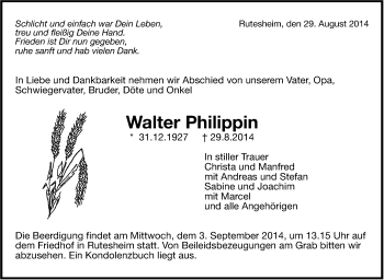 Traueranzeige von Walter  Philippin von Leonberger Kreiszeitung / Strohgäu Extra