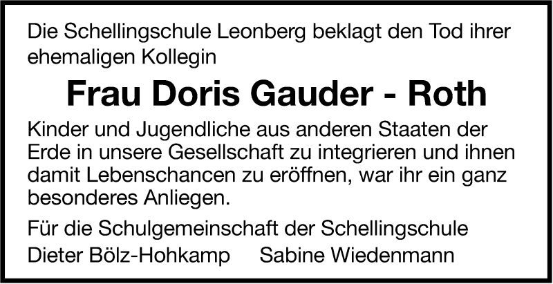  Traueranzeige für Doris Gauder-Roth vom 03.09.2014 aus Leonberger Kreiszeitung / Strohgäu Extra