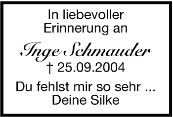 Traueranzeige von Inge Schmauder von Leonberger Kreiszeitung / Strohgäu Extra