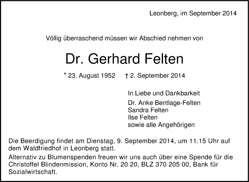 Traueranzeige für Gerhard Felten vom 05.09.2014 aus Leonberger Kreiszeitung / Strohgäu Extra