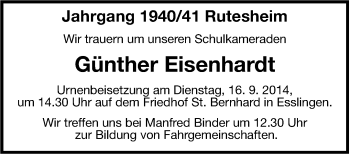 Traueranzeige von Günther Eisenhardt von Leonberger Kreiszeitung / Strohgäu Extra