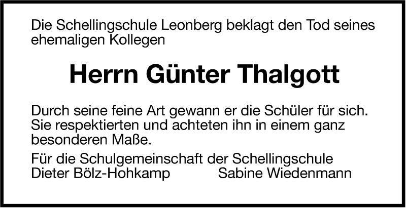  Traueranzeige für Günter Thalgott vom 27.09.2014 aus Leonberger Kreiszeitung / Strohgäu Extra