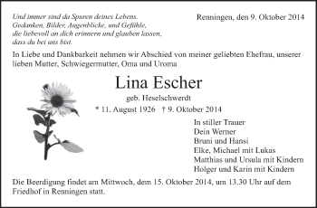 Traueranzeige von Lina Escher von Leonberger Kreiszeitung / Strohgäu Extra