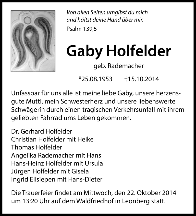  Traueranzeige für Gaby Holfelder vom 18.10.2014 aus Leonberger Kreiszeitung / Strohgäu Extra