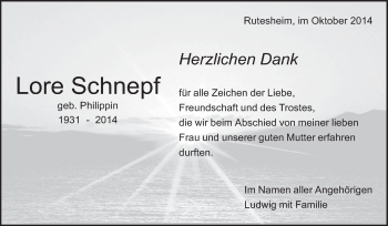 Traueranzeige von Lore Schnepf von Leonberger Kreiszeitung / Strohgäu Extra