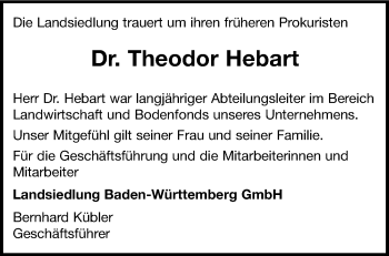 Traueranzeige von Theodor Hebart von Leonberger Kreiszeitung / Strohgäu Extra