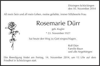 Traueranzeige von Rosemarie Dürr von Leonberger Kreiszeitung / Strohgäu Extra