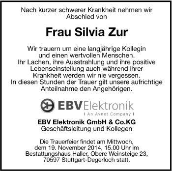 Traueranzeige von Silvia Zur von Leonberger Kreiszeitung / Strohgäu Extra