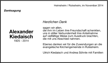 Traueranzeige von Alexander Kiedaisch von Leonberger Kreiszeitung / Strohgäu Extra