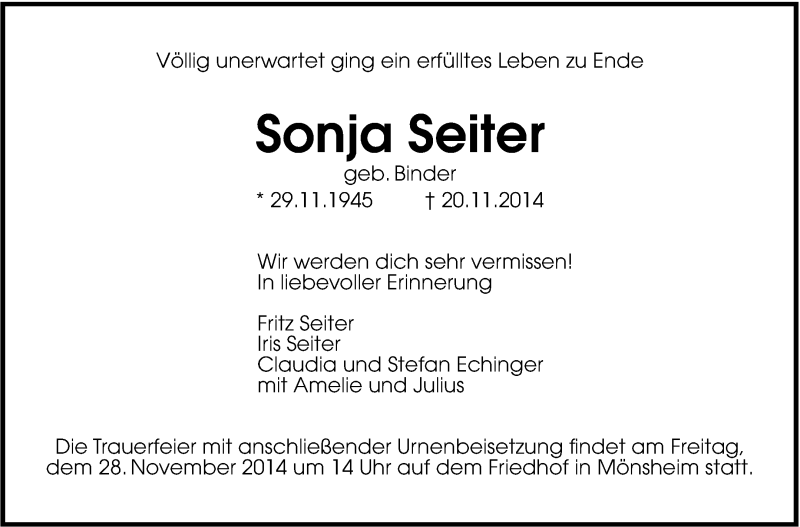  Traueranzeige für Sonja Seiter vom 25.11.2014 aus Leonberger Kreiszeitung / Strohgäu Extra