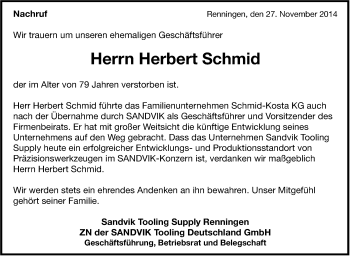 Traueranzeige von Herbert Schmid von Leonberger Kreiszeitung / Strohgäu Extra