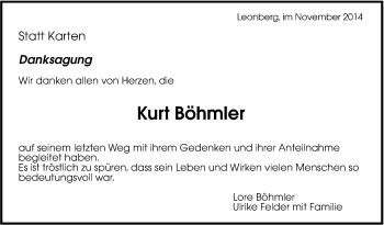 Traueranzeige von Kurt  Böhmler von Leonberger Kreiszeitung / Strohgäu Extra