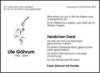 Traueranzeige von Ute Göhrum von Leonberger Kreiszeitung / Strohgäu Extra