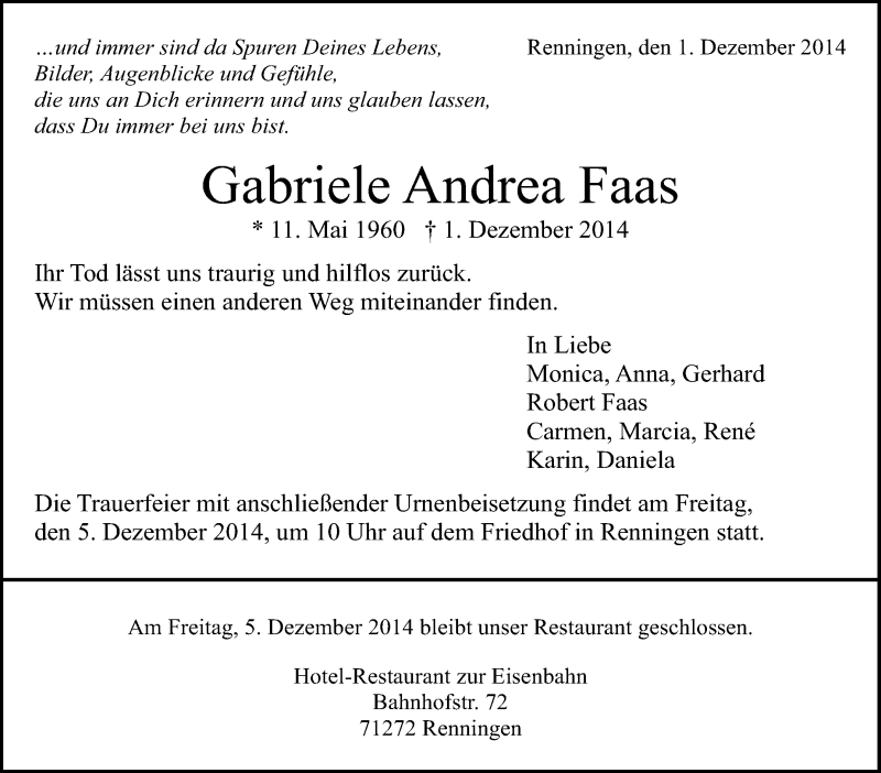  Traueranzeige für Gabriele Andrea Faas vom 04.12.2014 aus Leonberger Kreiszeitung / Strohgäu Extra