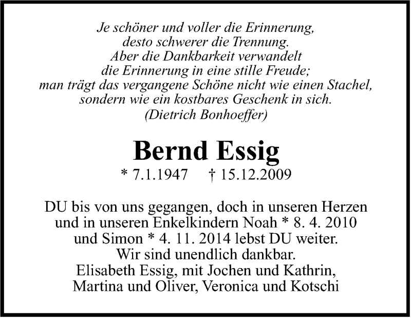  Traueranzeige für Bernd Essig vom 15.12.2014 aus Leonberger Kreiszeitung / Strohgäu Extra