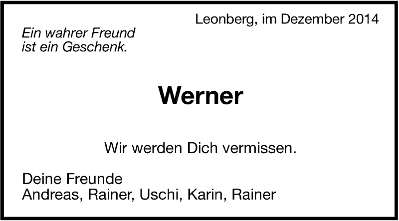 Traueranzeige für Werner Maier vom 19.12.2014 aus Leonberger Kreiszeitung / Strohgäu Extra