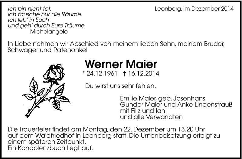  Traueranzeige für Werner Maier vom 19.12.2014 aus Leonberger Kreiszeitung / Strohgäu Extra