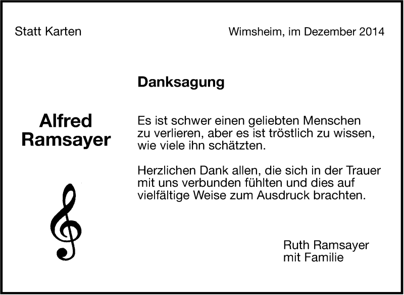  Traueranzeige für Alfred Ramsayer vom 19.12.2014 aus Leonberger Kreiszeitung / Strohgäu Extra