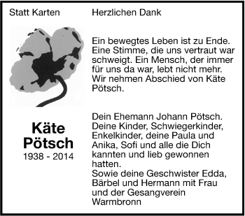 Traueranzeige von Käte Pötsch von Leonberger Kreiszeitung / Strohgäu Extra