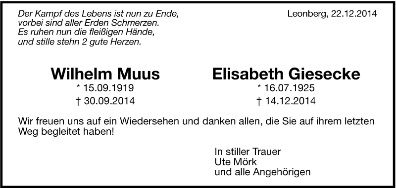  Traueranzeige für Wilhelm und Elisabeth  Muus und Giesecke vom 23.12.2014 aus Leonberger Kreiszeitung / Strohgäu Extra