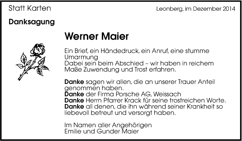  Traueranzeige für Werner Maier vom 10.01.2015 aus Leonberger Kreiszeitung / Strohgäu Extra