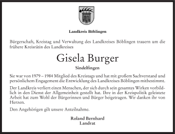 Traueranzeige von Gisela Burger von Leonberger Kreiszeitung / Strohgäu Extra