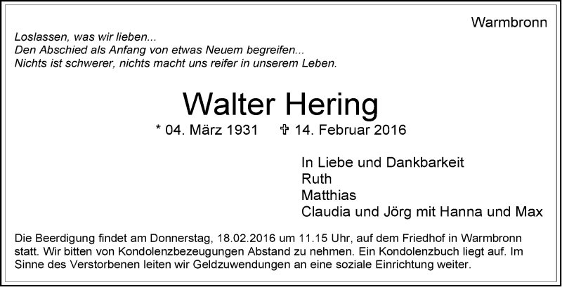  Traueranzeige für Walter Hering vom 16.02.2016 aus Leonberger Kreiszeitung / Strohgäu Extra